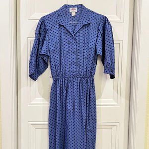 Vintage Dark Blue 3/4 Length Sleeve Dress with Square Print